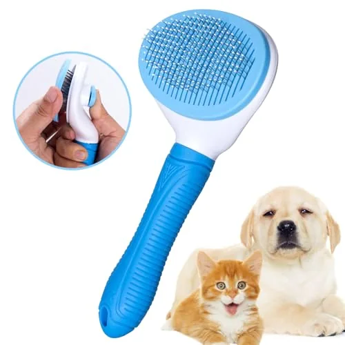 Aogeili self-cleaning slicker brush held over a dog during grooming
