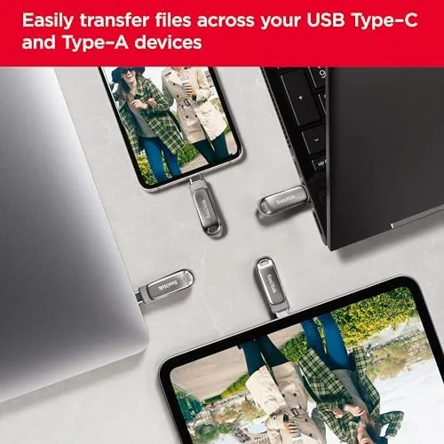 Detail shot of the SANDISK 128GB Ultra Dual Drive Luxe USB Type-C - Up features