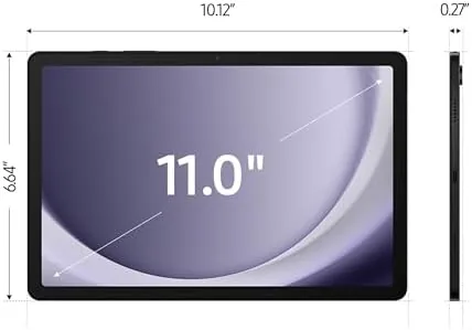 Samsung Galaxy Tab A9+ propped in landscape on a sofa playing streaming video