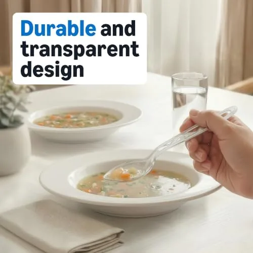 Clear plastic spoons laid out around party bowls of chili and sides