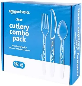 The 192-piece clear plastic cutlery set arranged with forks, spoons, and knives in sections