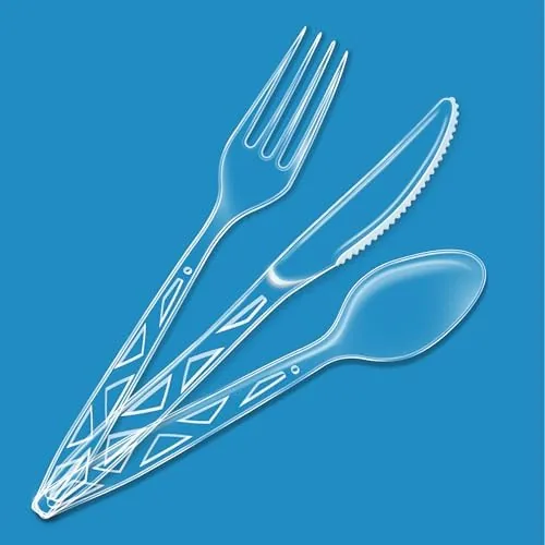 Close up of a clear plastic fork showing the rigid tines and molded handle