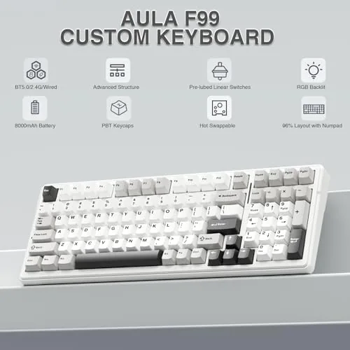 Close look at the AULA F99 Wireless Mechanical Keyboard,Tri-Mode BT5.0/2.4GHz/USB-C Hot Swappable Custom Keyboard,Pre-lubed build quality