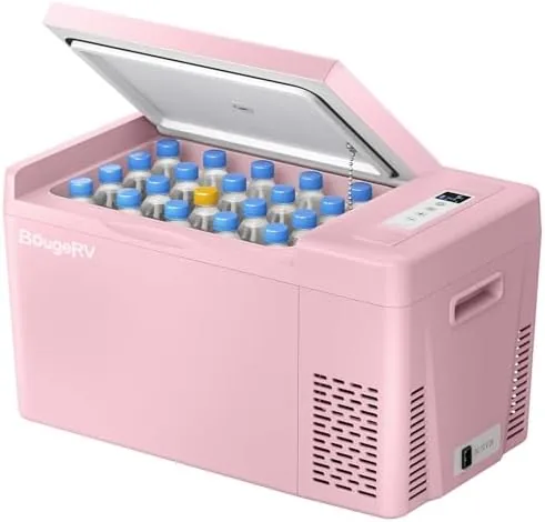 The pink BougeRV 23-quart refrigerator sitting on a tailgate beside camping gear