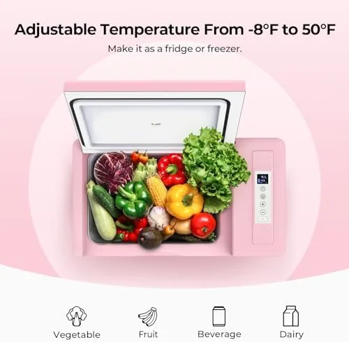 The open pink refrigerator showing the internal basket, cans, and food containers
