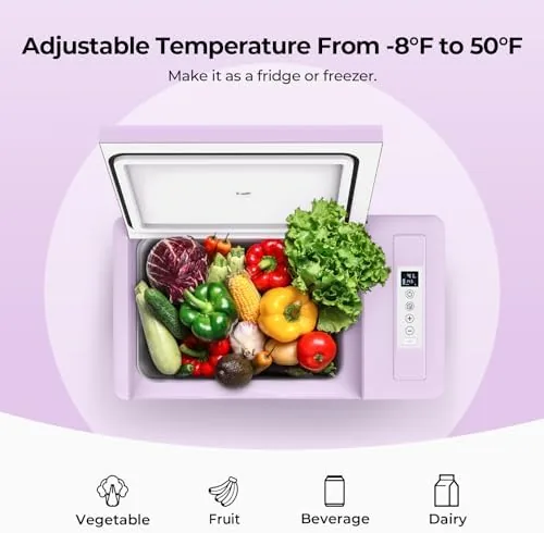 The open purple refrigerator showing the internal basket, tall bottles, and food containers