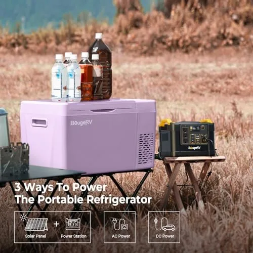 The purple BougeRV fridge open at a roadside stop with cold drinks being handed out