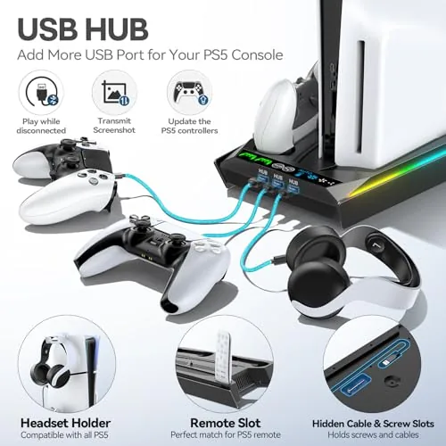 Complete gaming setup with the PS5 stand, headset, and controller