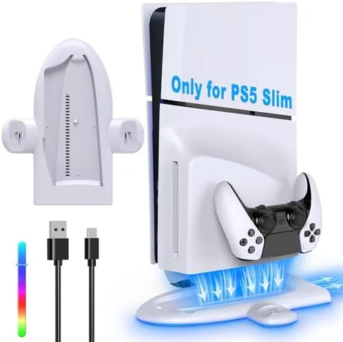 FASTSNAIL charging stand holding a PS5 Slim vertically with controllers docked