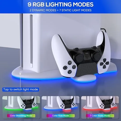 The RGB ring cycling through colors beneath the vertical PS5 Slim