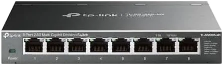 TP-Link TL-SG108S-M2 8 port 2.5G switch on a desk with cables attached