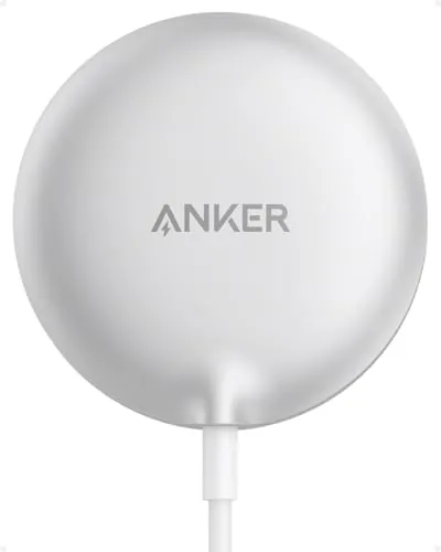 White Anker MagGo MagSafe charger pad on a nightstand