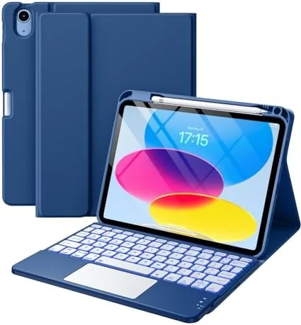 Navy blue iPad keyboard folio case closed over the tablet
