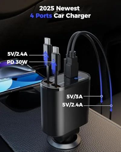 The Retractable USB C Car Charger, 69W 4-in-1 Fast Charging Adapter in real use