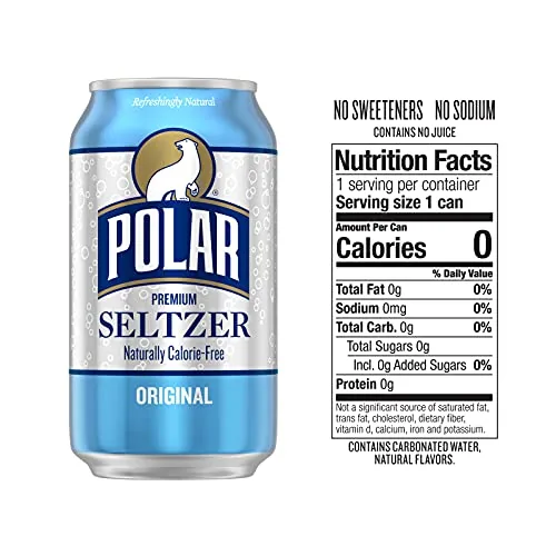 A single open can of Polar seltzer with visible bubbles pouring into a glass