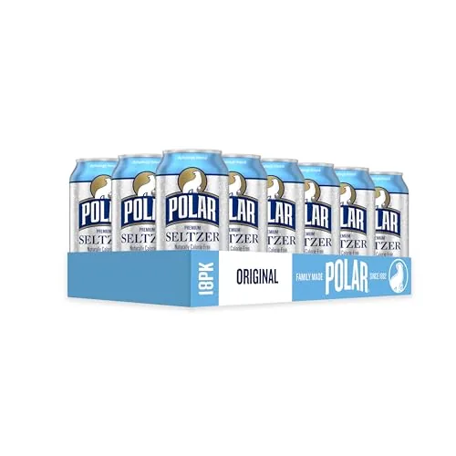 A pantry shelf stocked with boxes of Polar seltzer beside glassware
