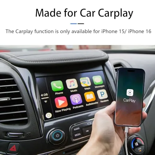 An iPhone connected by the CarPlay cable to a car head unit showing a map