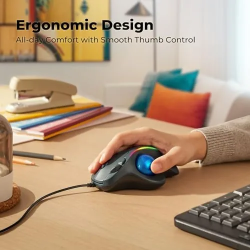 Close look at the Wired Trackball Mouse with RGB Lighting, Ergonomic Thumb Control to build quality