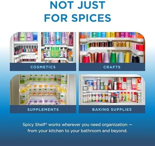 Spice rack in a pantry shelf with other kitchen items