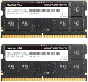 A TEAMGROUP Elite DDR5 SODIMM 32GB kit with two 16GB modules in their packaging