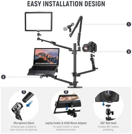 Close look at the NEEWER Overhead Camera Stand Desk Mount Rig with 4 Boom build quality