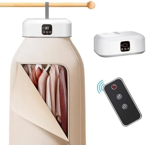 The compact portable clothes dryer standing on a countertop with the front door open