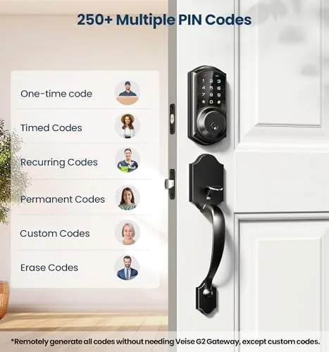 The smart lock installed on a front door with the keypad glowing softly