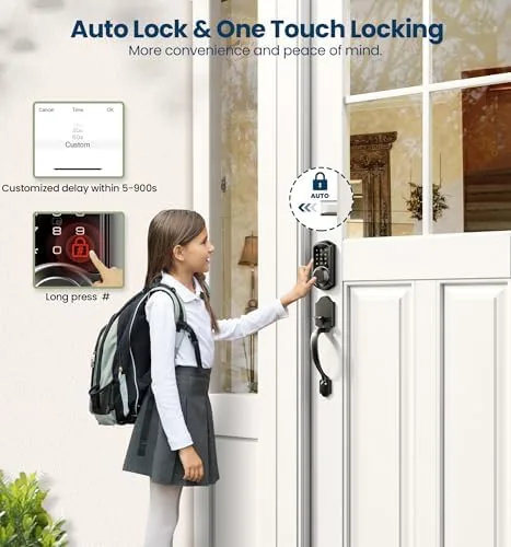 The lock viewed from outside showing the keypad and matte black handle on a residential door