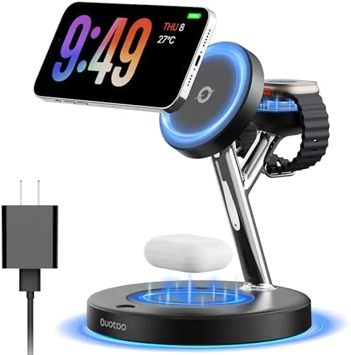 The 3 in 1 MagSafe charging stand on a nightstand with an iPhone and Apple Watch in place