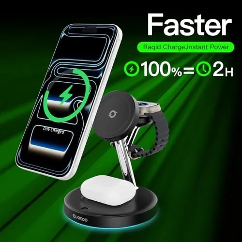 The phone snapping onto the magnetic pad while the watch sits in the top cradle