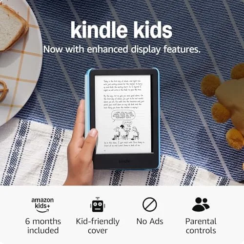 Kindle Kids in the blue Space Whale case lying on a table