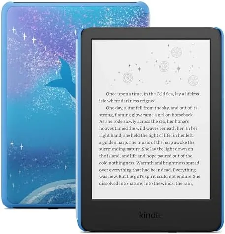 Child holding the Kindle Kids in its blue Space Whale case