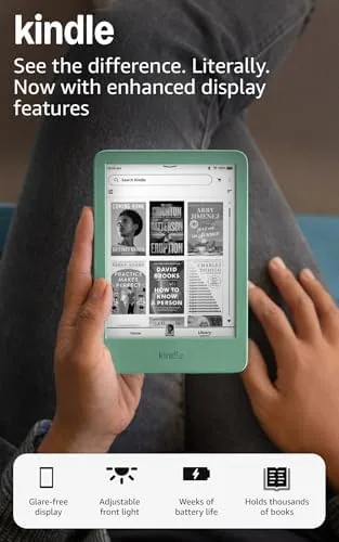 Matcha green Kindle held against a bright background showing the fresh color