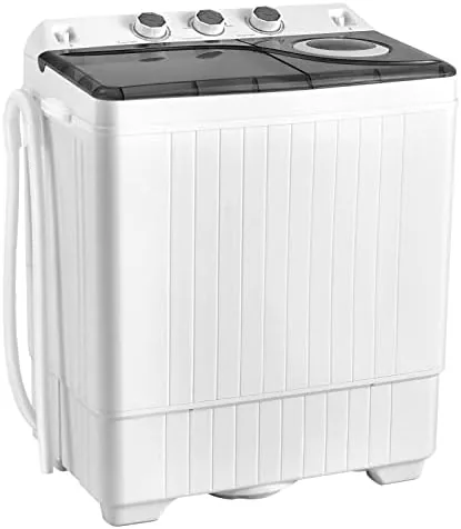 The COSTWAY twin tub washing machine standing on a bathroom floor with both lids open