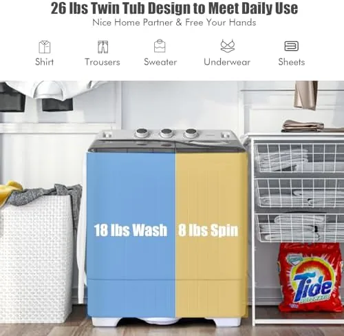 The COSTWAY machine next to a full size washer and a laundry sink for scale