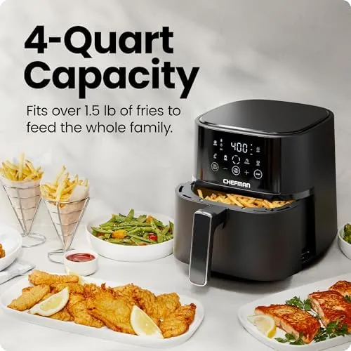 Frozen fries spread in the nonstick basket of the Chefman air fryer