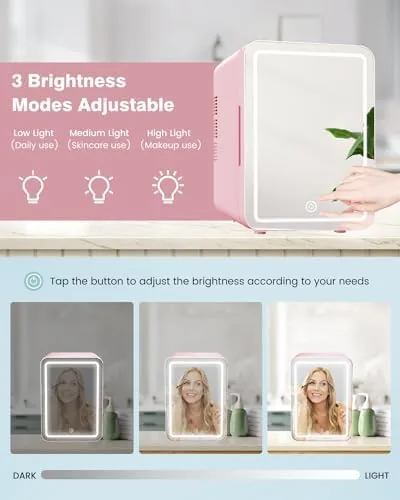 The Upgrade Skincare Fridge with Dimmable LED Light Mirror, 4L/6Can Cooler in real use