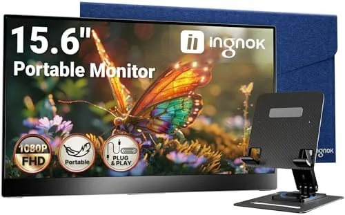 Ingnok portable monitor open on a laptop bag beside a MacBook