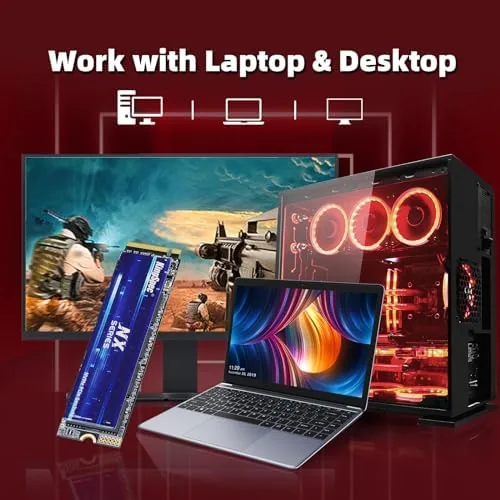 A laptop open on a desk with the KingSpec SSD held beside it ready to install
