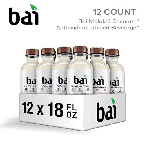 The Bai bottle beside a glass of coconut water and a bottle of sweetened tea