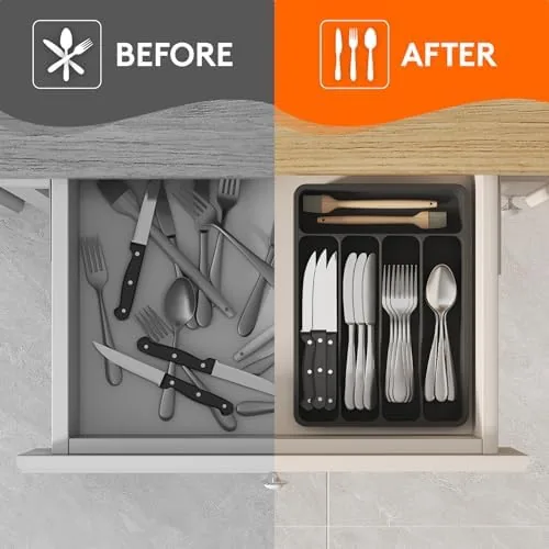 A finished tidy drawer with the Lifewit organizer holding a complete flatware set