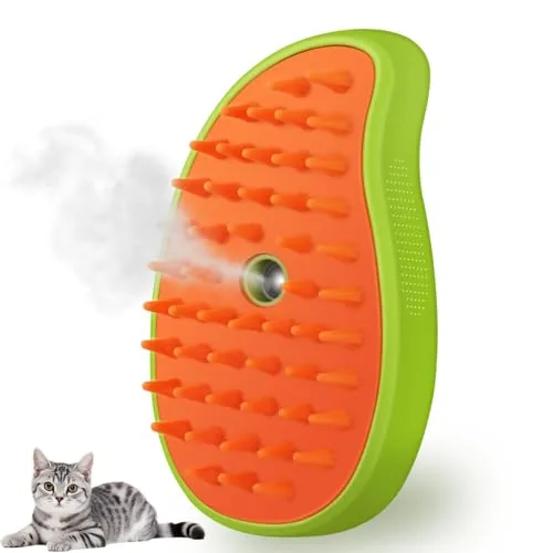 Cat Steam Brush held beside a relaxed long-haired cat
