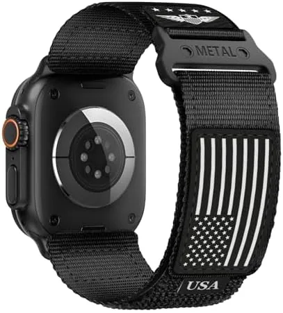 The rugged nylon band with a stars and stripes pattern laid on a table