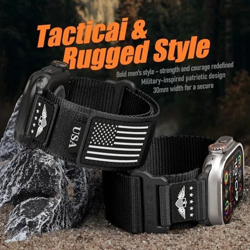 An Apple Watch Ultra fitted with the rugged nylon band outdoors