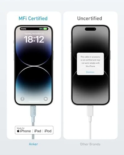 Phone charging on a desk while the cable runs to a wall adapter