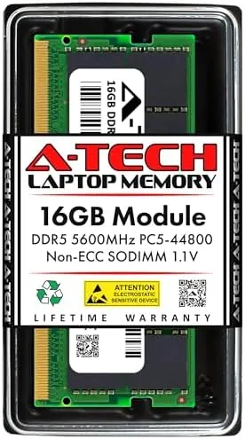 A-Tech 16GB DDR5 SODIMM module held above an open laptop bay