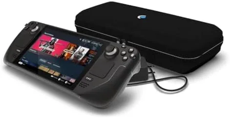 Steam Deck OLED held in two hands showing a vivid game on screen