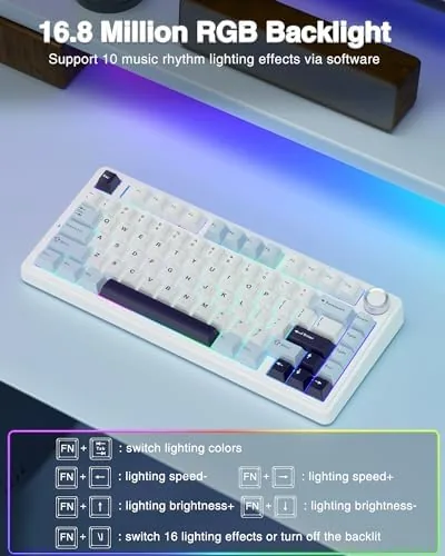Keyboard on a gaming desk with RGB lighting glowing