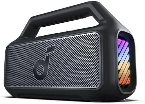 Soundcore Boom 2 outdoor speaker sitting on a patio table