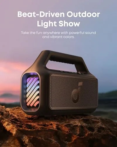 Boom 2 speaker set up at a campsite with evening light